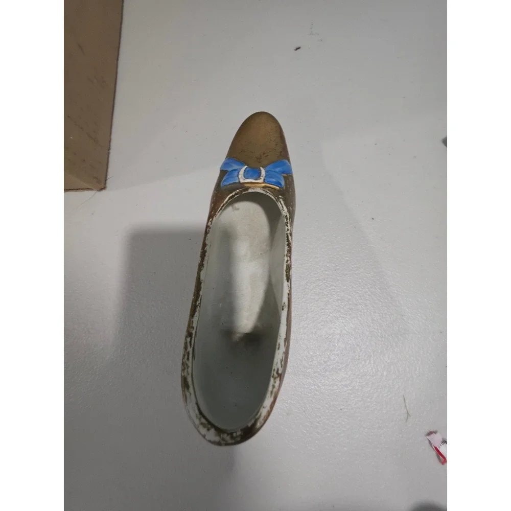 Vintage Ceramic Shoe Planter Gold with Blue Bow Hand Painted Trinket Dish Decor